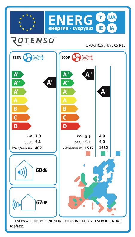 Rotenso Klimaanlage Ukura H 2,6 kW bis 7 kW Single-Split Wandgeräte-Set Digital Inverter WiFi A++