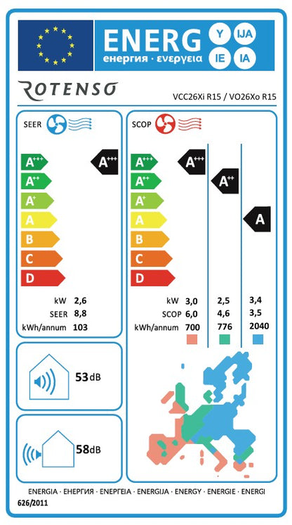 Rotenso Klimaanlage Versu Cloth Caramel 2,6 kW bis 5,3 kW Single-Split Wandgeräte-Set Digital Inverter WiFi A+++