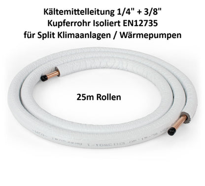 Kältemittelleitung 25m 1/4" + 3/8" Kupferrohr Isoliert EN12735 für Klimaanlage & Wärmepumpe