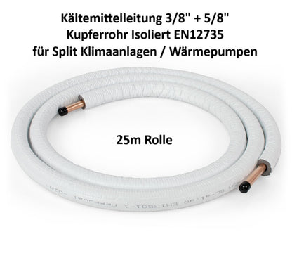 Kältemittelleitung 25m 3/8" + 5/8" Kupferrohr Isoliert für Klimaanlage & Wärmepumpe