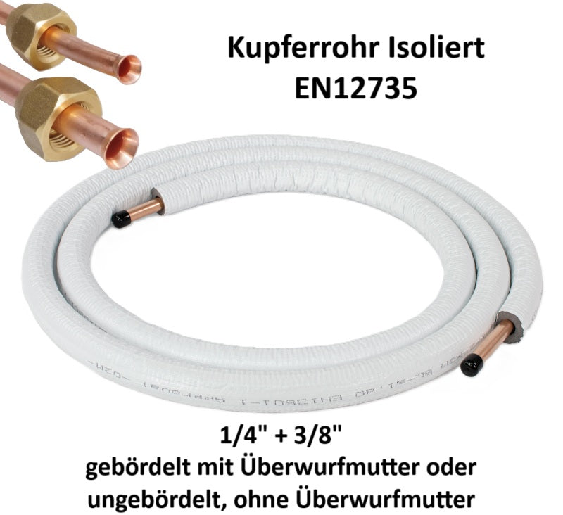 Kältemittelleitung 1-50m 1/4"+3/8" Kupferrohr Isoliert EN12735 für Klimaanlage & Wärmepumpe