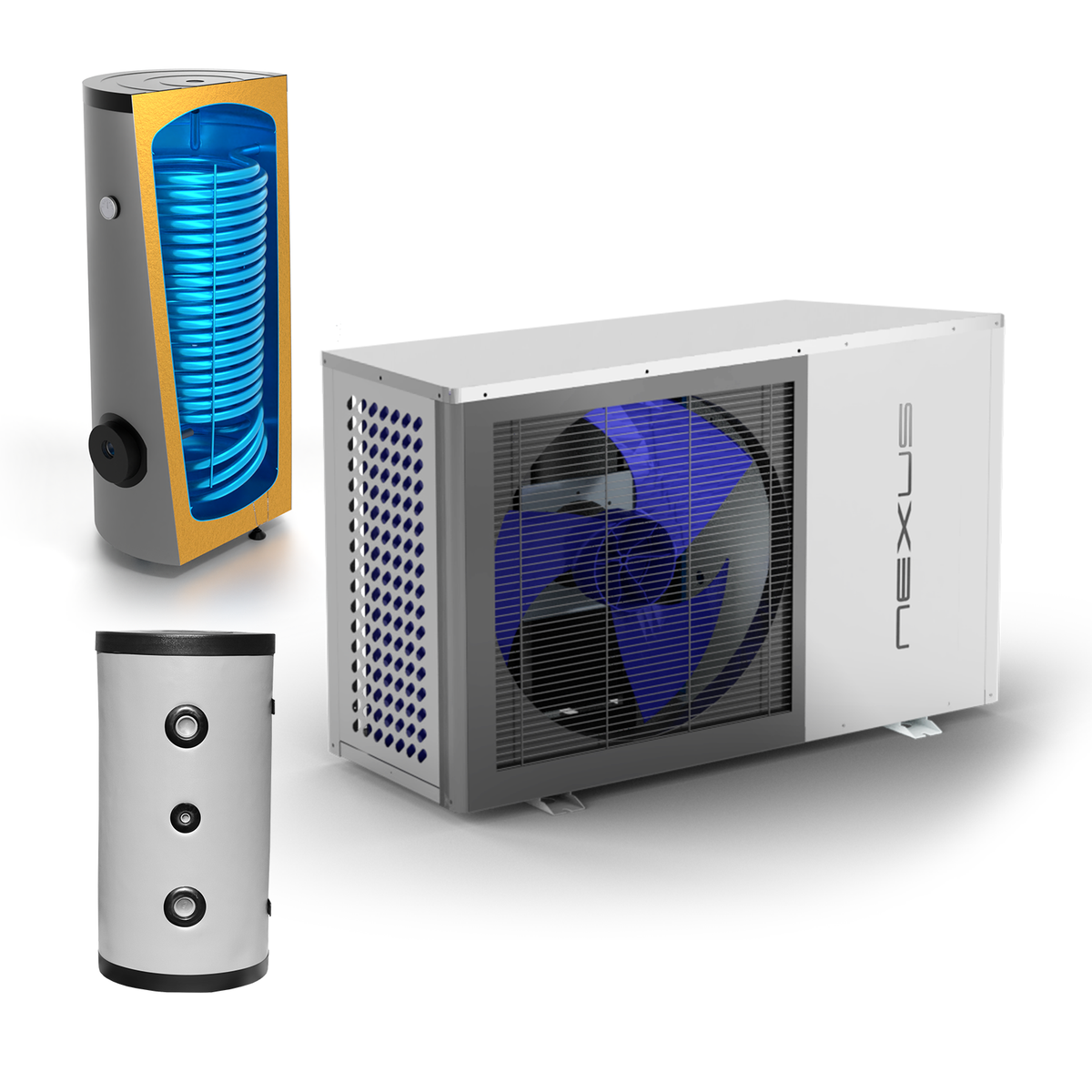 Sunex 8 kW NEXUS M8 EVI Monoblock heat pump set with 300 L hot water tank and 100 L buffer tank 